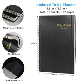 2 Pack Undated Daily Planner, Hourly Planner 152 Pages, To Do List Notebook, Time Management Manual and Planner with Flexible Cover, Elastic Closure, Inner Pocket, 5.6"x8.3"