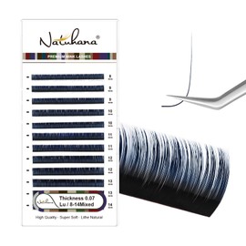 Natuhana Coloured Eyelash Extensions, 0.07 LU Curl, 8-14 mm Volume, Individual Classic Eyelash Extension, Natural Lash Extension, Professional Salon Use (Black + Blue, 0.07 LU, 8-14 Mix)