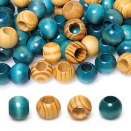 50 Pieces Wood Beads Large Hole Wooden Beads for Macrame Craft, Striped/Blue Round Loose Spacer Wood Beads Bulk with 10mm Hole for Garlands Home Decor