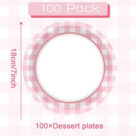ZOIIWA 100 Pcs Picnic Party Plates Pink And White Checkered Plates Party Decorations Pink Gingham Camp Dessert Plates Pink Plaid Disposable Party Supplies for Birthday Family Dinner Barbecue Outdoor