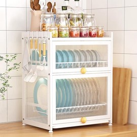 Gdrasuya10 Medium Dish Drying Rack for Kitchen Counter, Stainless Steel Dish Strainer with Cover 2 Tier Kitchen Counter Utensil Holder Dish Drainer Rack Cup Rack (White)