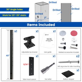 Muzata Aluminum Black Side Mount Stair Cable Railing Post 36 Inch for 25-35 Degrees Stair 36"X2"x2" Design for Left&Right Side Cable Railing System Kit Indoor Outdoor Seaside PW01 BBAS