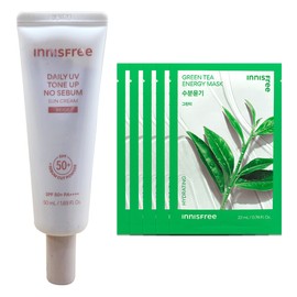 Innisfree Daily UV Tone Up No-Sebum Sun Cream 50ml (Beige) + 5 Green Tea Masks / 이니스프리 데일리 유브이 톤업 노세범 선크림 50ml (베이지)+그린티 마스크 5매