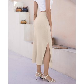 Hount Skirt Women's High Waist Maxi Skirt with Slit Casual Knitted Skirt Long Pencil Skirt Casual Skirt, beige
