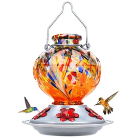 BOLITE Hummingbird Feeder, Hand Blown Glass Hummingbird Feeders for Outdoors Hanging, 22 Ounce, Five Feeding Ports with Perch, Peony Flower Shape, Orange
