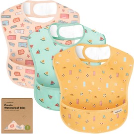 3-Pack Waterproof Baby Bibs for Eating - Lightweight Toddler Feeding Bibs with Large Food Catcher, Mess Proof, Food-Grade Baby Eating Essentials, Easy to Put On & Clean (Beach Day)