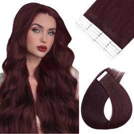 YGP Tape in Hair Extensions Human Hair 14 Inch 30g 20 pcs Wine Red Tape in Extensions Durable Double Side Tape Invisible Hair Extensions (#99J, 14 inch)