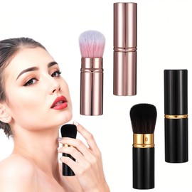 Grevosea Retractable Makeup Brush, 2 Pack Blusher Brushes Retractable Kabuki Brush with Cover Extensible Foundation Brush for Women Liquid Cream Foundation Concealer Blush Makeup (Gold, Black)
