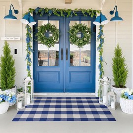 WAYYE Buffalo Plaid Outdoor Rug 3x5 Ft Blue and White Plaid Checkered Area Rug Washable Doormats Indoor Outdoor Rugs for Layered Front Door Mats, Porch, Entryway, Kitchen, Farmhouse