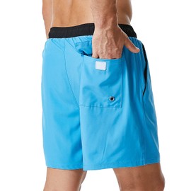 SILKWORLD Mens Swimming Trunks with Compression Liner 2 in 1 Quick Dry Athletic Swimsuit with Zipper Pockets,Light Blue,Medium