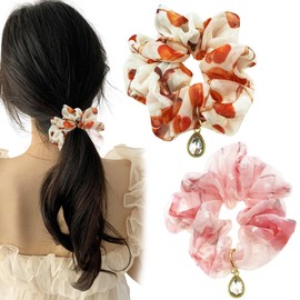 2PCS Fresh Elegant Korean Scrunchies,Vintage Oil Painting Style Fabric Head Flower
