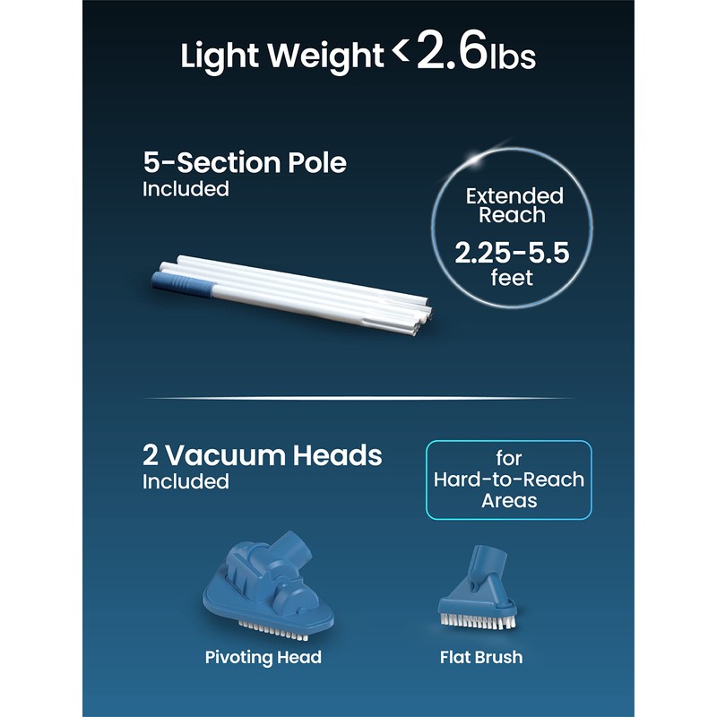 KOKIDO (2025) Rechargeable Handheld Pool Vacuum, Aluminum Pole and 2