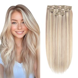 XDhair Clip in Extensions aus Echthaar, Aschblond und Bleichblond, Extensions aus Echthaar, seidig, 40 cm, 6 Stück, 100 g, natürliches menschliches Haar (#18P613-40)
