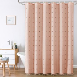 LilyCat Boho Farmhouse Pink Blush Fabric Shower Curtain, 72x72 Tufted Pleat Floral Puffs Textured Tassel Cute Rustic Vintage Shower Curtain for Bathroom, Minimalist Cloth Shower Curtain Set with Hooks