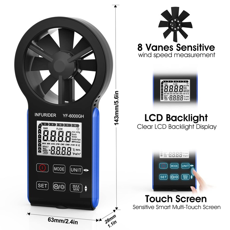 CFM Wind Speed Meter, AIOMEST Rechargeable HVAC Anemometer Measuring Wind