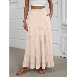 ANRABESS Womens Maxi Skirt Elastic High Waist Swing Tiered A-line Flowy Pleated Boho Beach Vacation Long Skirts Beige Large