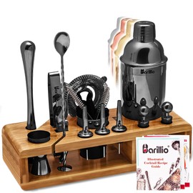 Black Mixology Bartender Kit Cocktail Shaker Set by Barillio: Drink Mixer Set with Bar Tools, Muddler, Mixing Spoon, Jigger, Strainer, Sleek Bamboo Stand & Recipes Booklet