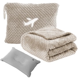 Nenolix Travel Blanket Airplane Compact with Bag, Travel Essentials 3 in 1 Packable Airplane Blanket, Travel Pillow and Blanket Set, Inflatable Pillow, Luggage Sleeve & Backpack Clip (Camel)