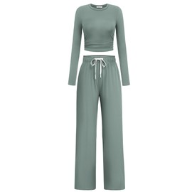 PINSPARK Womens Lounge Sets 2 Piece Outfits Cropped Top Wide Leg Pants Workout Track Suits Airport Outfit with Pockets 2024, Grey Sage Medium