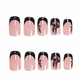 BABALAL Press on Nails Medium Square Fake Nails Black French Tip Glue on Nails Flower Gothic Acrylic Nails False Nails Squoval Nails 24Pcs Full Cover Artificial Nails for Women Girls