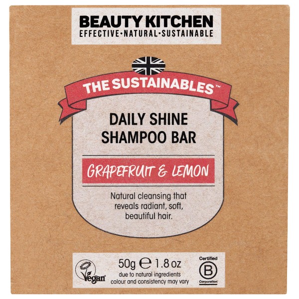 Beauty Kitchen The Sustainables Daily Shine Grapefruit & Lemon Organic Hair Shampoo Bar for All Hair Types - Silky Soft Vegan Haircare - 50 g Bar - Up to 70 Washes - Eco-Friendly Sustainable Products