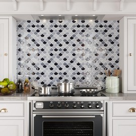 CRE8TIVE Grey White Fish Scale Wall Tiles Peel and Stick Splashback for Kitchen Marble Effect Tiles 4 PCS 30.5cm x 30.5cm Modern 3D Waterproof Bathroom Tile Stickers Shower Room Fireplace Laundry Room