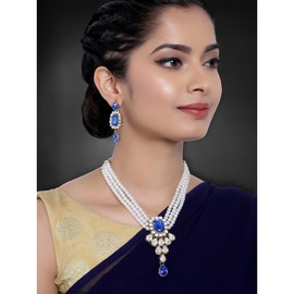 Aheli Wedding Party Kundan Pendant Beads String Necklace Earrings Traditional Ethnic Fashion Jewely Set Gift for Women