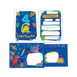 Junapack 12 Invitation Cards for 4th Children's Birthday Fourth Birthday Boys Dinosaur Dinosaur Includes 12 Envelopes, 12 Bags / Natural, 12 Stickers
