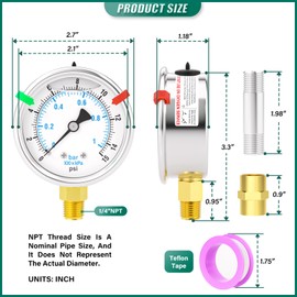 BOGERDACK 0-15PSI Heater Heavy Liquid Filled Pressure Gauge Kit, 2.5" Stainless Steel Dial Size, 1/4" NPT Lower Mount, for Low Pressure Portable Oil Fired Heaters (with Range Mark Pointer)