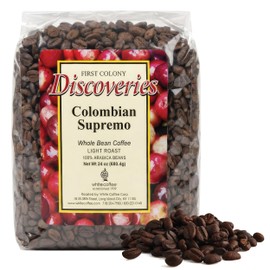 First Colony Colombian Whole Bean Coffee, Colombian Supremo, Light Roast, 100% Arabica Beans, 24oz Bag, Mild Chocolate & Nutty Flavor for Home Brewers & Cafés, Hand-Roasted in the USA Since 1902