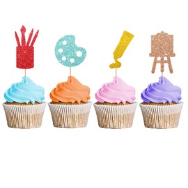 24PCS Painting Brush Cupcake Toppers, Art Paint Themed Party Cupcake Toppers, Pigment/Drawing Board Dessert Picks, Painter Birthday Party Decoration - Red&Gold Glitter