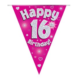 Party Bunting Happy 16th Birthday Pink Holographic 11 Flags 3.9m