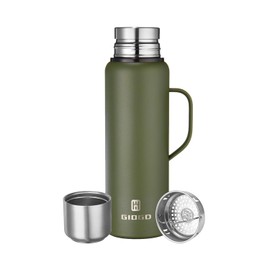 Vakuum-Isolierflasche, 1000 ml, mit Becherdeckel, Edelstahl, auslaufsicher, hält Kaffee heiß und kalt, Grün, mit Griff, 1000 ml