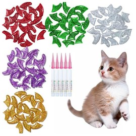 100Pcs Cat Nail Caps, 5 Colors Glitter Kitten Nail Caps with Adhesives and Applicators, Long-Lasting, Kitten Claw Caps for Medium Pets Cats Dogs, Cat Claw Caps for Protect Furniture Avoid Scratching