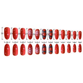 TULOBI Christmas Press on Nails Almond Medium Length Fake Nails Red Christmas False Nails with Snowflake Polka Dots Designs Stick on Nails for Women 24Pcs