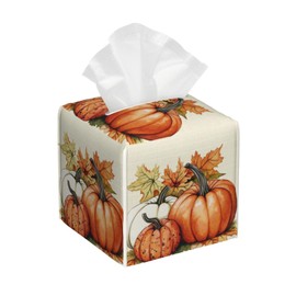 Pumpkins Fall Tissue Box Cover Autumn Leaves Square Leather Tissue Case Holder Facial Paper Organizer Decorative for Tabletop Night Stands Desk Bathroom Kitchen Car Office Home Decor