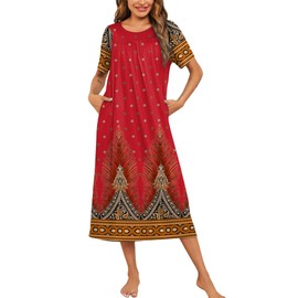 Ekouaer Women's House Dress with Pockets Long Nightgowns for Women House Dress Pleated Moo Moos for Women,Floral Red,Large