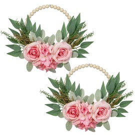Spring Wreaths for Front Door 10" Artificial Floral Wood Bead Wreaths Eucalyptus Leaves Rose Hydrangea Wreaths for Front Door Boho Farmhouse Wall Decor 2 Pack - Pink
