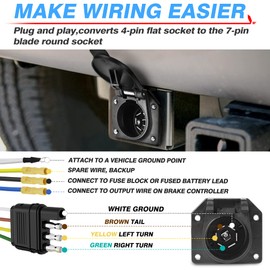 MICTUNING Enchufe adaptador plano de 4 vías a 7 vías redondo para remolque con soporte de montaje
