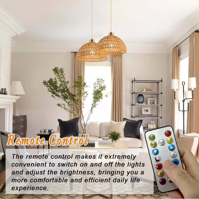 Nekhung Battery Operated Pendant Light with Remote-Battery Chandelier Handwoven Rattan,