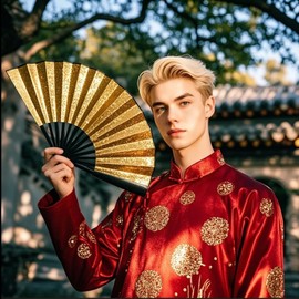 YTJ 2 Packs Glitter Large Rave Folding Hand Fan, Clap Fans for Line Dancing, Handheld Fan for EDM Music Disco Rave Festival Party Supplies (Glitter Gold, 13 Inches)