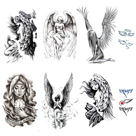 Yesallwas Tattoo Stickers, Realistic and Large Size, Set of 8, Japanese Design and Carving, Angel, Angel Wing, Waterproof, Long-Lasting, Body Stickers