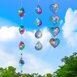 Wind Spinner Outdoor Rainbow Gradient 3D Metal Love Heart Fish Bone Water Drop, Highly Reflective Double-Sided Bird Reflectors to Keep Birds Away for Yard and Garden, Decor Christmas Ornaments
