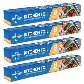 4 Pack Tin Foil Roll | 32M Aluminium Kitchen Everyday Foil 8M x 30cm | Non-Stick Aluminium Foil for Wrapping, Grilling & BBQ | Tinfoil Roll Dispenser & Cutter | Silver Foil Kitchen Cooking Foil