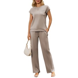 difficort Lounge Sets for Women 2 Piece Outfits Summer Cap Sleeve Tops Wide Leg Long Pants Going Out Casual Outfits Vacation Travel Matching Tracksuit Set,Coffee,Medium