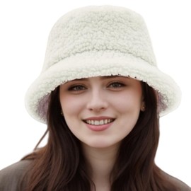 Winter Warm Plush Fuzzy Bucket Hat Furry Faux Fur Shearling Fisherman Hats for Women (White)