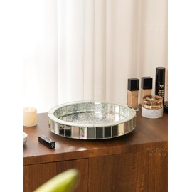 12” Rotating Perfume Organizer Tray,Mirror Glass Vanity Tray for Bedroom Dresser,Makeup Skincare Organizer for Bathroom,Crushed Diamond Home Decor