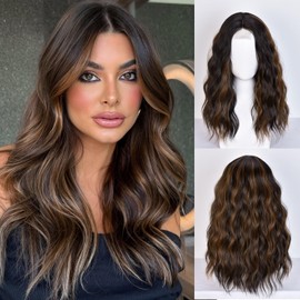 Lizzy Short Wavy Wig, 18 Inches, Middle Part, Curly Wavy Bob Wigs for Women, Natural Looking Synthetic Heat Resistant Fibre Wig for Daily Party Use (Brown Accent)