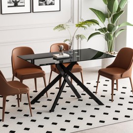 Pvillez 51.18" Rectangular Glass Dining Table, Black Tempered Glass Dining Room Table for 4-6, Modern Kitchen and Dining Table with Black Metal Legs for Dining Room Kitchen