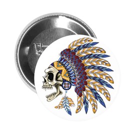 Round Pinback Button Brooch Skull with Colorful Feather Headdress and Earrings (White, 1.5" Inch)